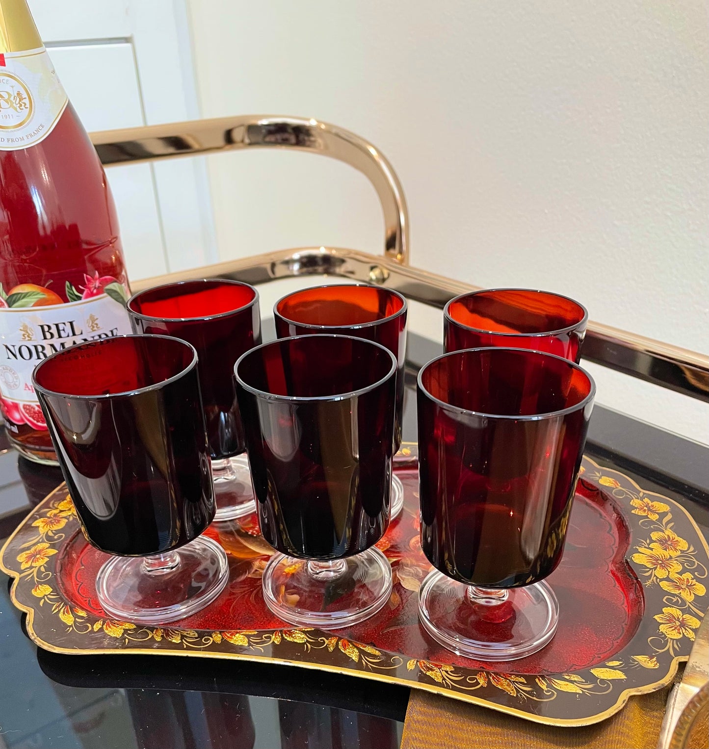 Set of  French Vintage Red Coloured Drinking Glasses