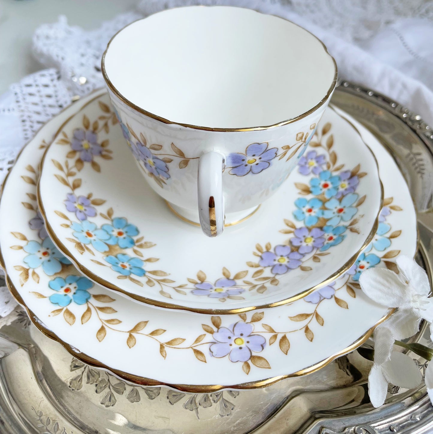 Vintage 1930's Hand Painted Teacup, Saucer and Tea Plate Trio