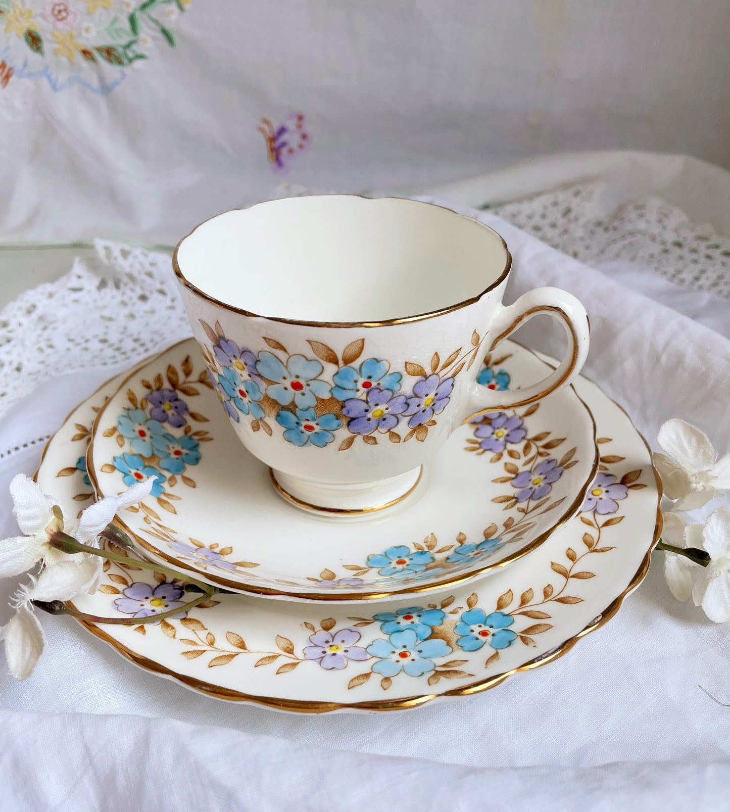 Vintage 1930's Hand Painted Teacup, Saucer and Tea Plate Trio