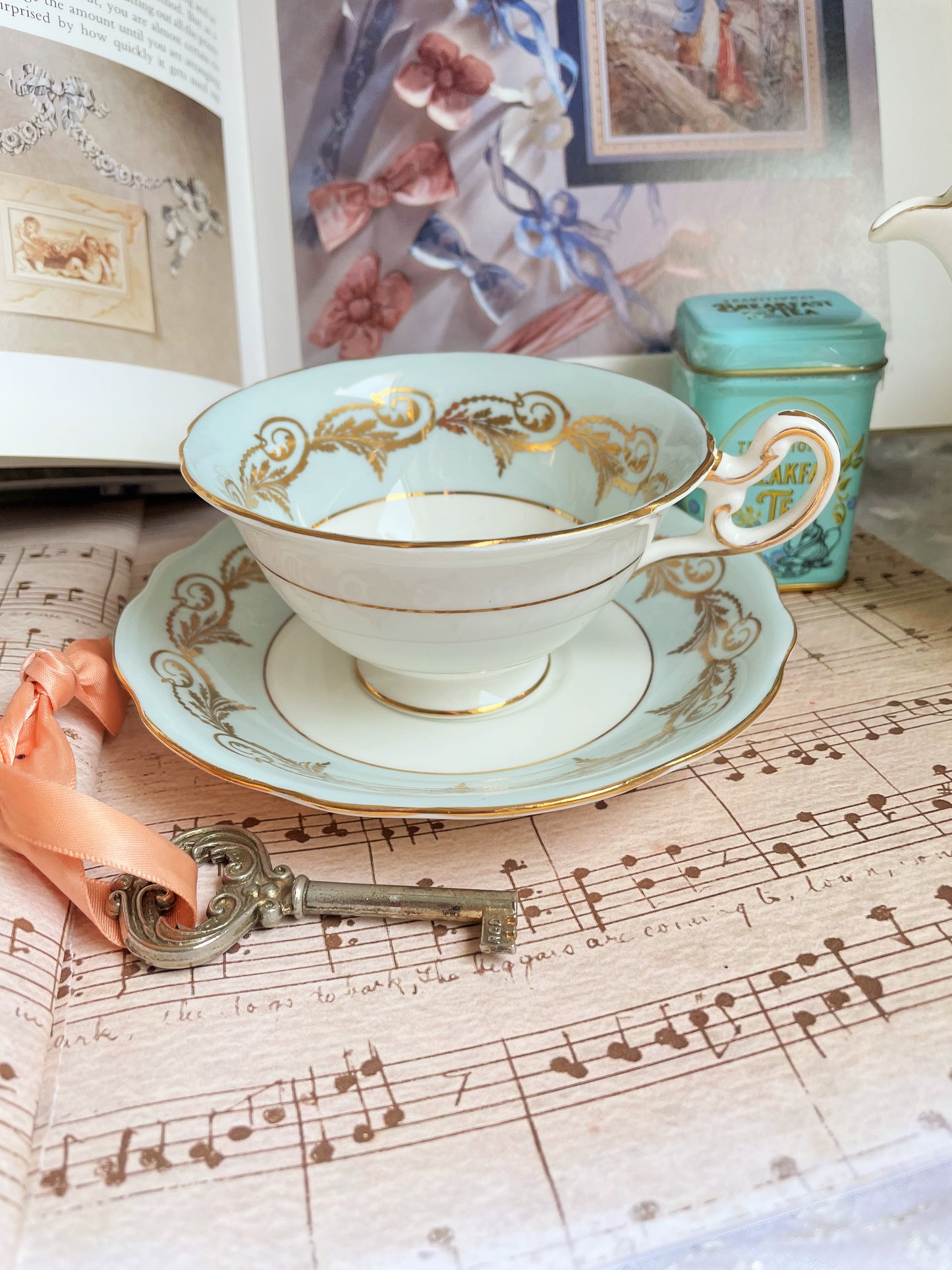 Vintage Duck Egg Blue Teacup and Saucer Duo