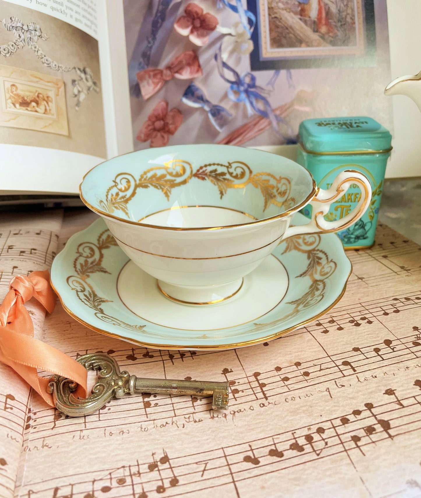 Vintage Duck Egg Blue Teacup and Saucer Duo