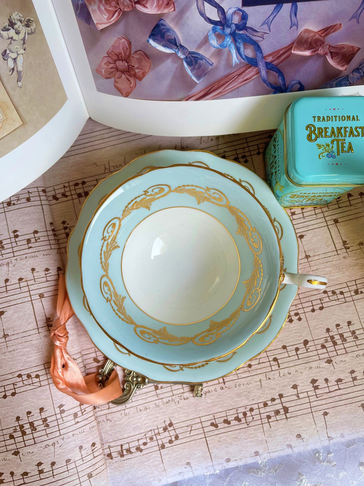 Vintage Duck Egg Blue Teacup and Saucer Duo