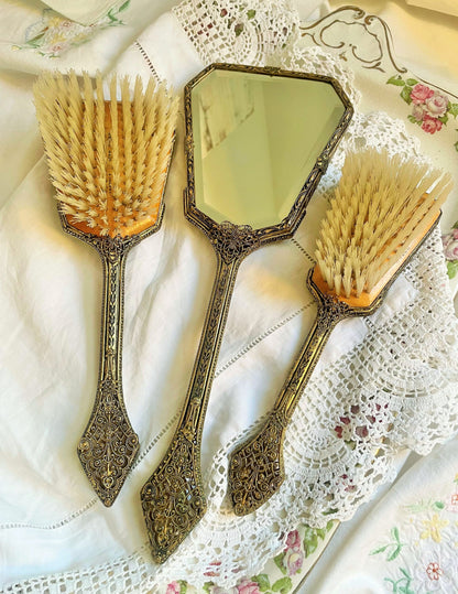 Vintage Lady's Vanity Hand Mirror and Brush Set