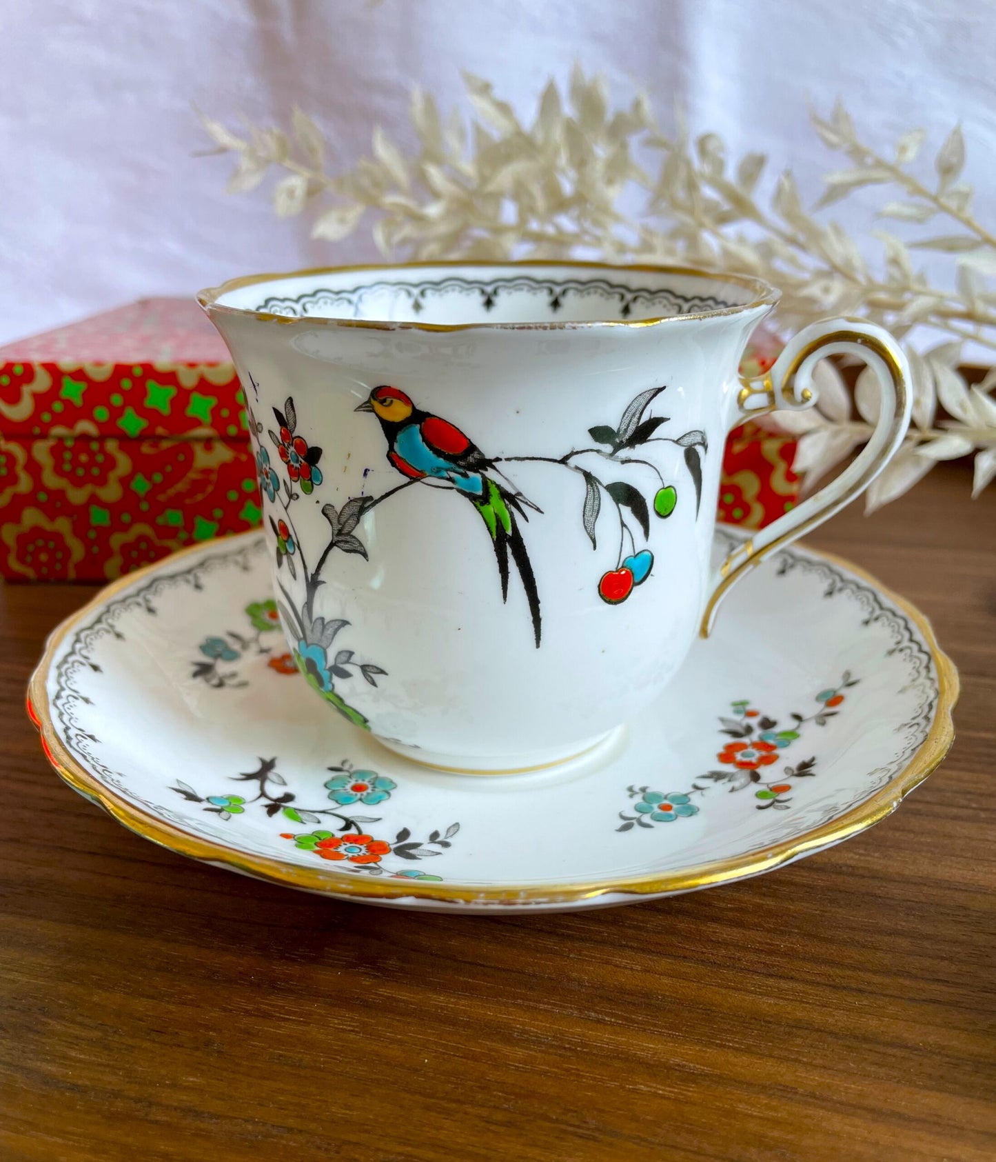 Art Deco Tuscan China Bird Teacup and Saucer Duo