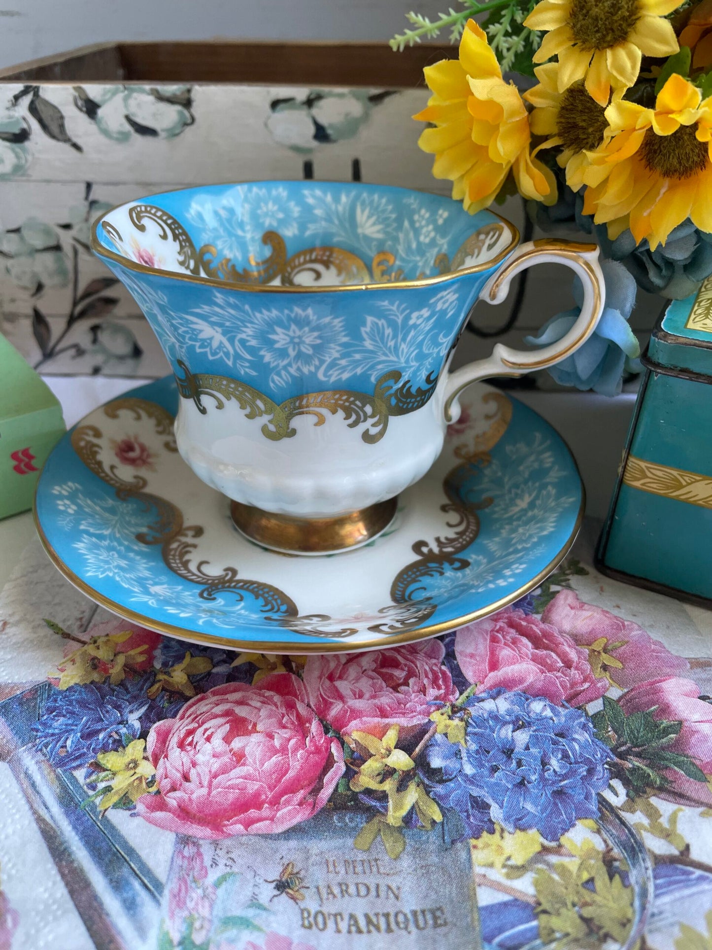 Royal Warrant Her Majesty The Queen Paragon Turquoise Teacup and Saucer Duo